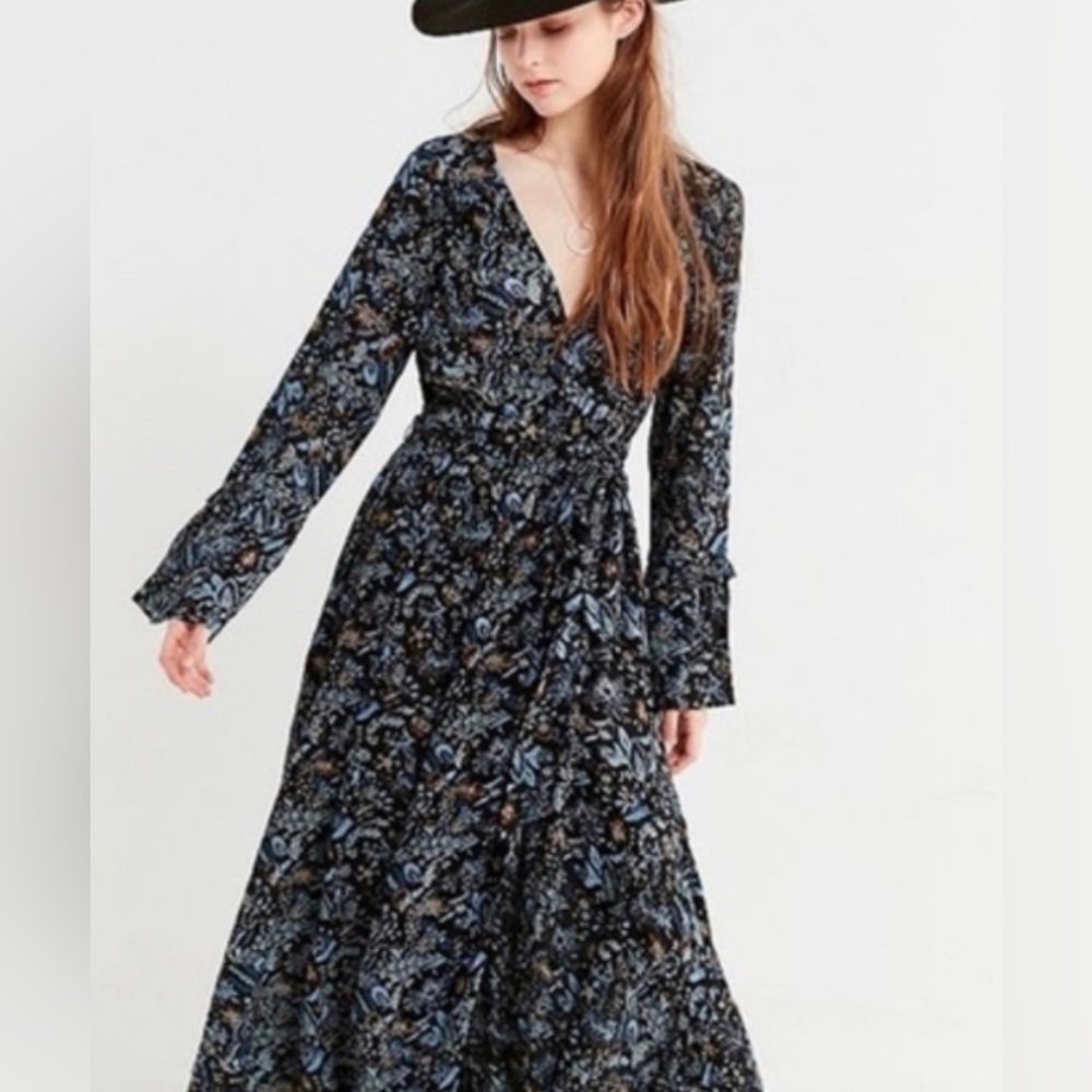 Urban Outfitters Navy Floral Print Blouse with Light Blue and Brown Accents